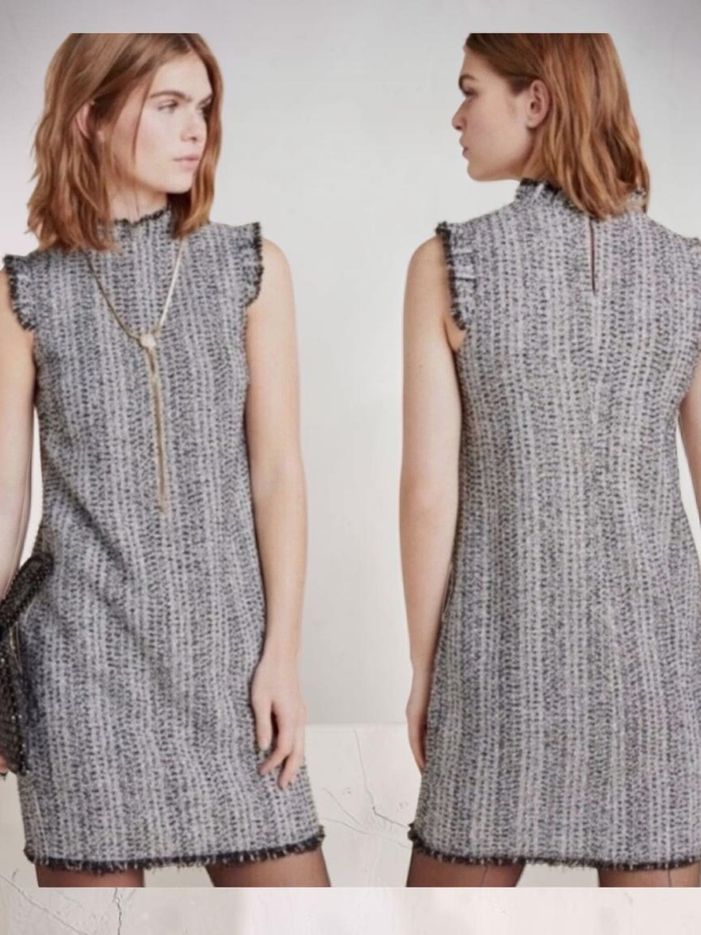 Eri & Ali Sleeveless Gray Tweed Shift Dress with Frayed Trim Sz SP